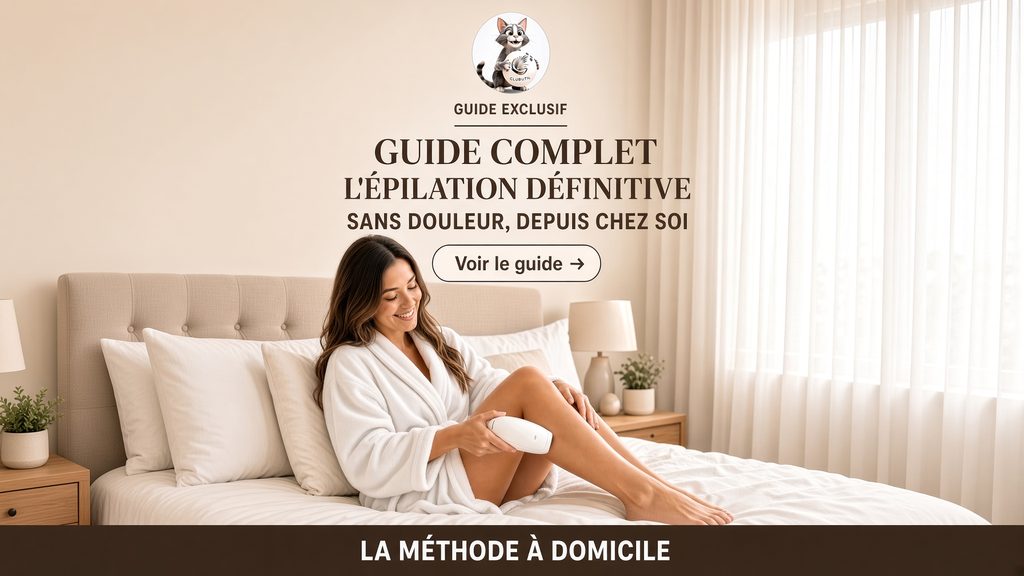 Femme souriante en peignoir blanc assise sur son lit, utilisant un épilateur à lumière pulsée sur sa jambe dans une ambiance douce et lumineuse.