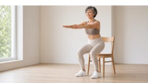 Femme fait squats sur chaise 
