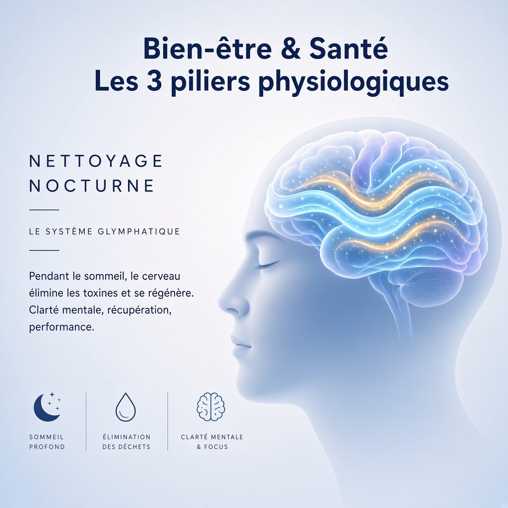 Illustration scientifique d'un cerveau lumineux en profil sur fond bleu clair, système glymphatique et nettoyage nocturne, guide Clubutil sur le sommeil, l'élimination des déchets cérébraux et la clarté mentale.