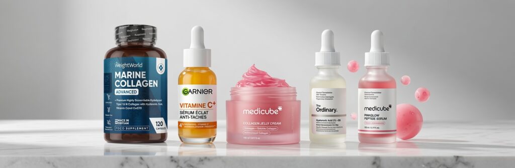 Cinq sérums anti-âge peau mature 50+ : Collagène Marin WeightWorld, Sérum Vitamine C Garnier, Jelly Crème Collagène medicube, Sérum Acide Hyaluronique The Ordinary et Sérum Pink Peptides medicube