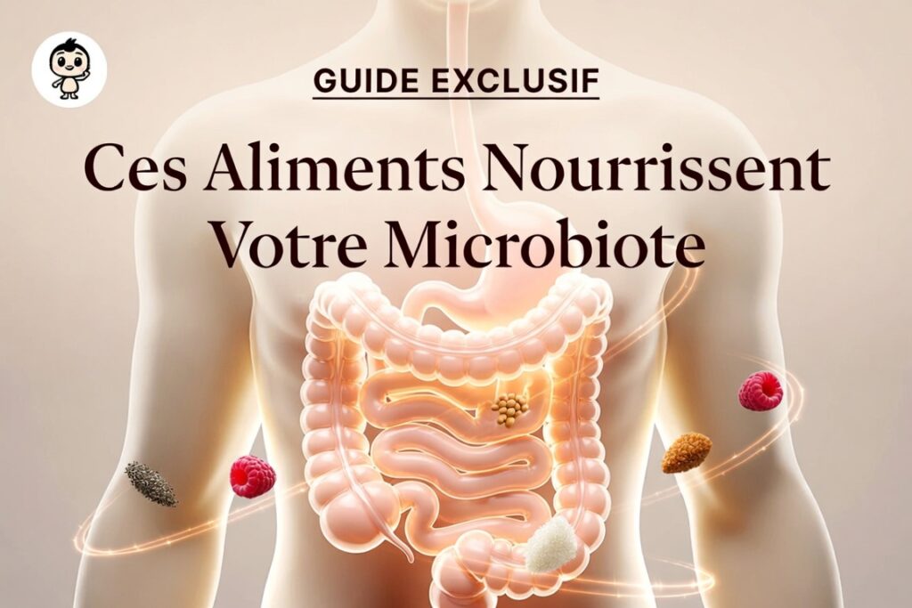 Illustration stylisée du système digestif entouré d'aliments riches en fibres (graines de chia, lentilles, framboises, psyllium) flottant autour, symbolisant leur action bénéfique sur le microbiote intestinal