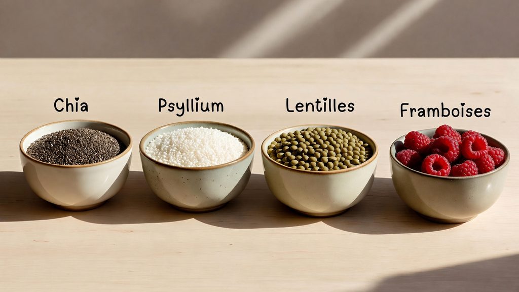 Quatre bols en céramique alignés contenant des graines de chia, du psyllium, des lentilles et des framboises, comparatif visuel des aliments riches en fibres pour le microbiote