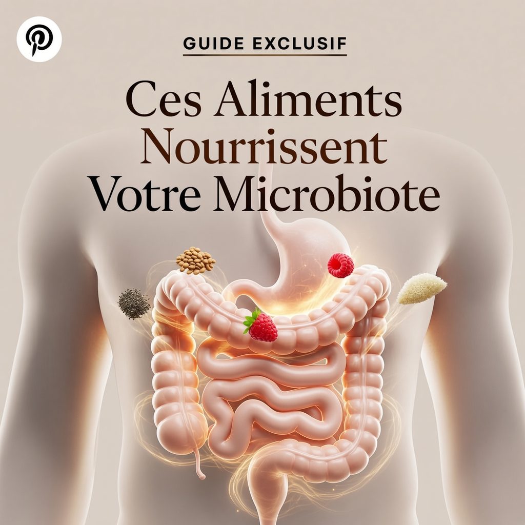 Système digestif stylisé avec intestin illuminé entouré d'aliments riches en fibres (chia, framboises, psyllium, lentilles), guide exclusif Clubutil sur les aliments qui nourrissent le microbiote intestinal.