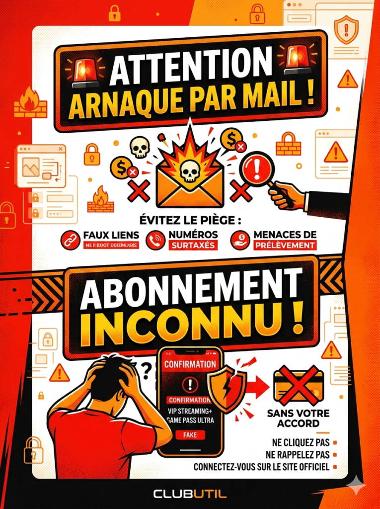 Infographie alerte arnaque par mail abonnement inconnu Clubutil