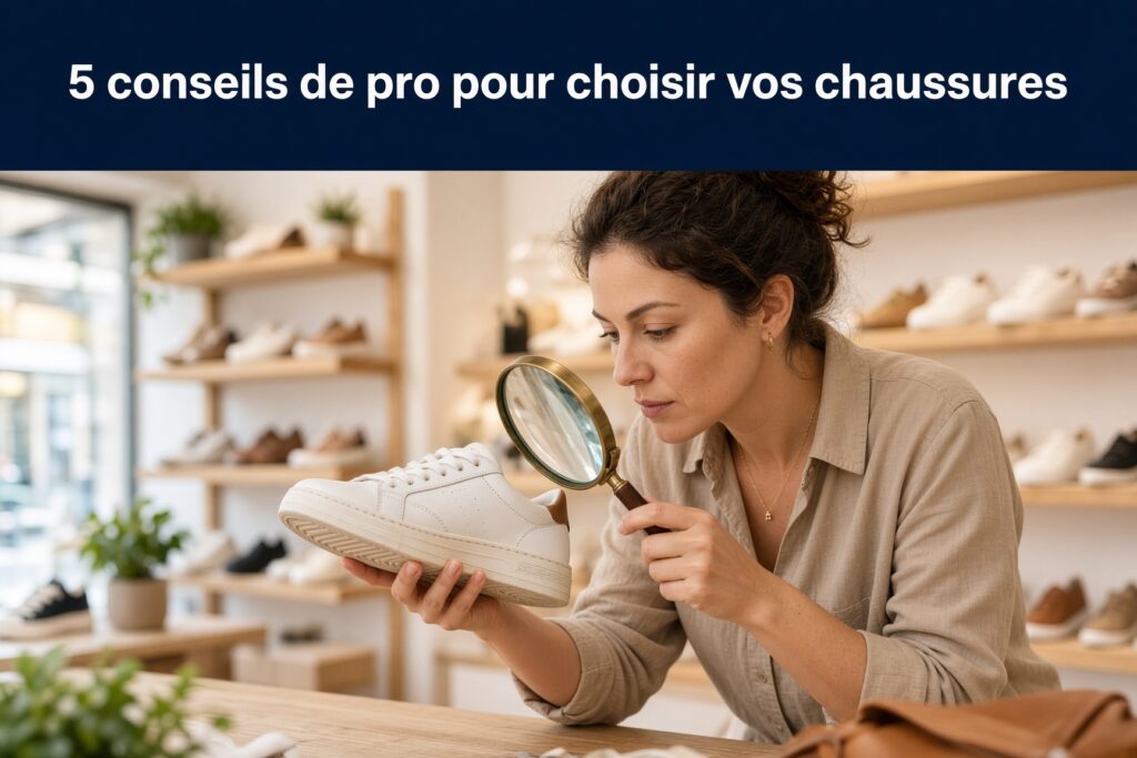 Femme dans un magasin de chaussures inspectant une basket blanche avec une loupe — 5 conseils de pro pour choisir vos chaussures