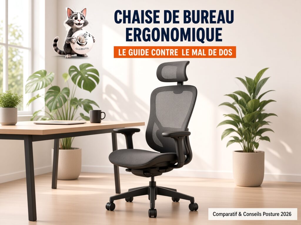 Chaise de bureau ergonomique Clubutil – comparatif et conseils posture contre le mal de dos, illustration d'un fauteuil de bureau ergonomique de bureau à dossier maille dans un bureau lumineux avec plantes vertes.