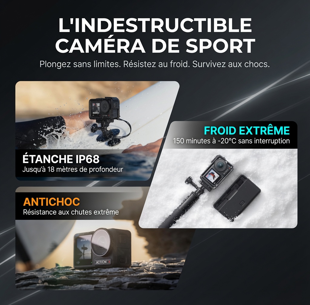 Caméra de sport indestructible étanche IP68 jusqu'à 18m, résistante au froid extrême -20°C et aux chocs — comparatif action