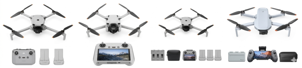 Image bandeau panoramique sur fond blanc alignant quatre modèles de drones de type DJI Mini avec leurs accessoires. Chaque drone gris clair à quatre hélices est surmonté au-dessus de sa radiocommande respective, de batteries supplémentaires et de sacoches de transport noires.