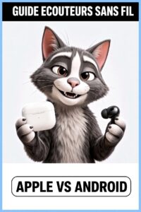 Guide écouteurs sans fil : Apple vs Android , mascotte chat Clubutil tenant un boîtier AirPods blanc dans la patte gauche et un écouteur Android noir dans la patte droite, expression malicieuse, fond blanc épuré.
