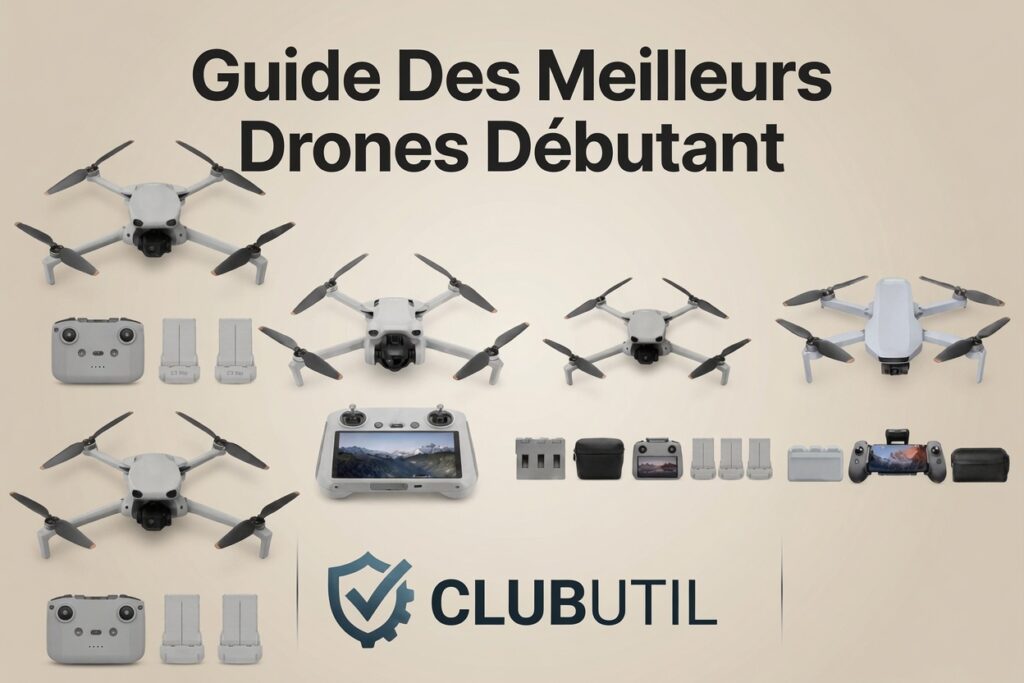 Image de mise en avant pour le site Clubutil présentant plusieurs modèles de drones DJI gris clair dépliés avec leurs radiocommandes et accessoires. En bas au centre, le logo officiel du site est accompagné du texte « CLUBUTIL » écrit en lettres majuscules noires.