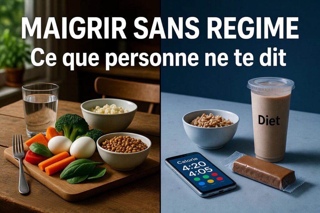`Maigrir sans régime : assiette maison avec légumes, œufs et lentilles vs substituts industriels, shake "Diet" et barre protéinée`
