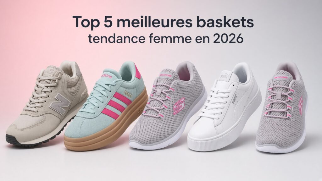 Sélection 2026 des top 5 meilleures baskets tendance pour femme présentées en ligne : New Balance 574 rose, Adidas VL Court pastel, PUMA Vikky, PUMA Cilia blanche et Skechers.