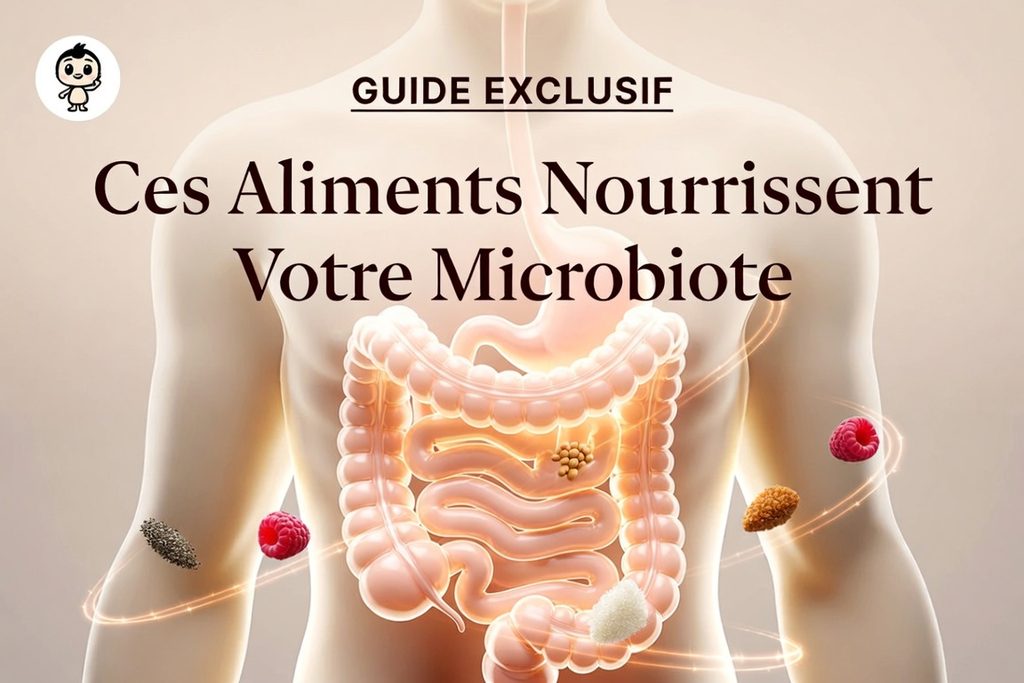 Illustration stylisée du système digestif entouré d'aliments riches en fibres (graines de chia, lentilles, framboises, psyllium) flottant autour, symbolisant leur action bénéfique sur le microbiote intestinal