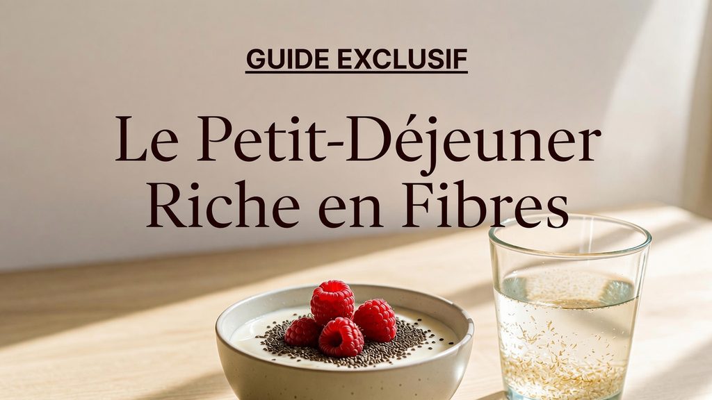 Bol de yaourt aux graines de chia et framboises fraîches à côté d'un verre d'eau au psyllium, petit-déjeuner riche en fibres vu de dessus à la lumière du matin