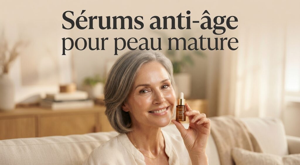 Femme 50 ans tenant un sérum anti-âge, peau lumineuse et naturelle