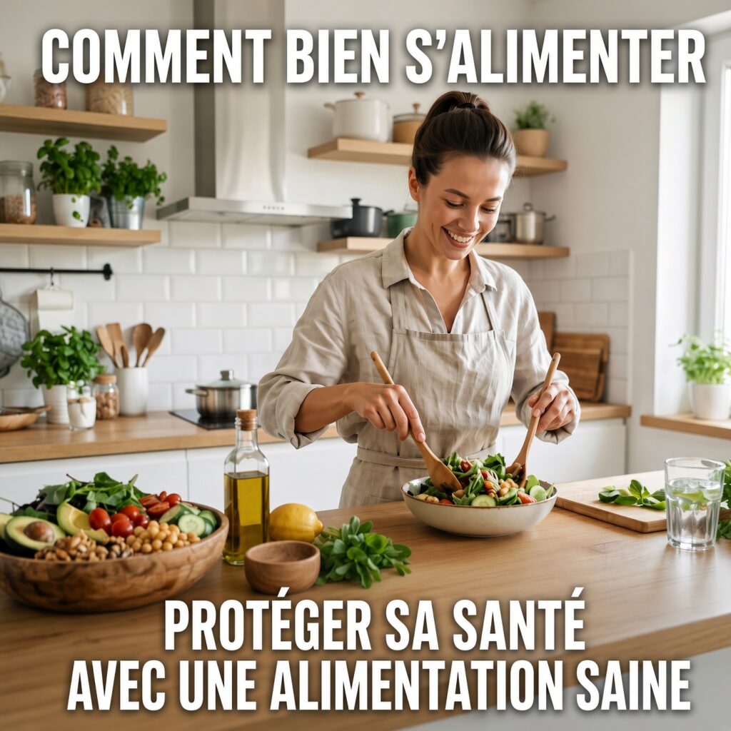 FEMME CUISINE AVEC PRODUITS SAINS DANS CUISINE MODERNE