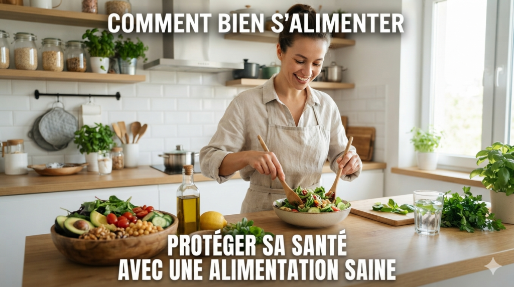 Une femme souriante prépare une salade fraîche dans une cuisine lumineuse, avec les textes 'Comment bien s'alimenter' et 'Protéger sa santé avec une alimentation saine'