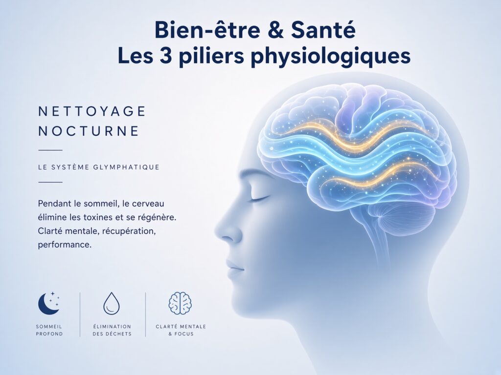 Infographie Bien-être et Santé illustrant le nettoyage nocturne du cerveau par le système glymphatique pendant le sommeil profond pour améliorer la clarté mentale et la performance.