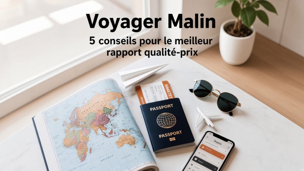 Voyager malin : 5 conseils pour le meilleur rapport qualité/prix, passeport, billet d'avion, carte du monde et lunettes de soleil sur bureau clair
