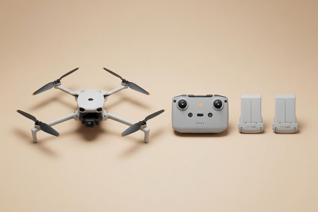 Un drone ultra-léger DJI Mini gris clair déplié avec ses quatre hélices, posé sur un fond beige uni. À sa droite se trouvent sa radiocommande DJI RC-N1 grise ainsi que deux batteries de rechange intelligentes.