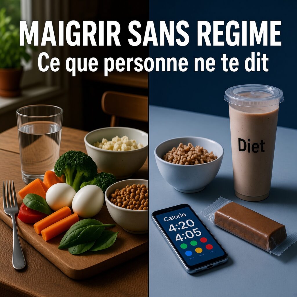 `Maigrir sans régime : assiette maison avec légumes, œufs et lentilles vs substituts industriels, shake "Diet" et barre protéinée`