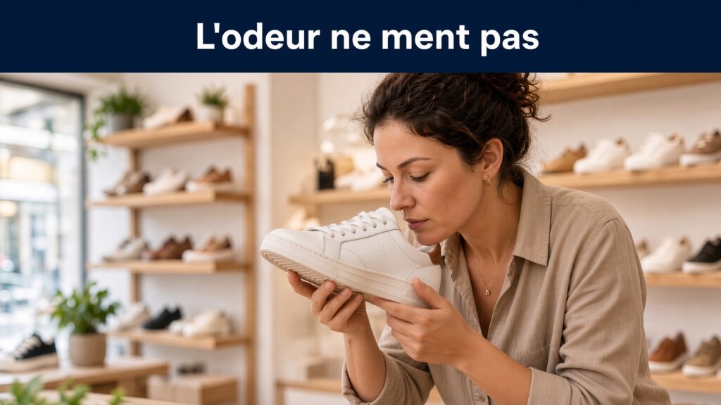 Femme dans un magasin de chaussures qui renifle une basket blanche pour en détecter l'odeur — Conseil n°1 : L'odeur ne ment pas