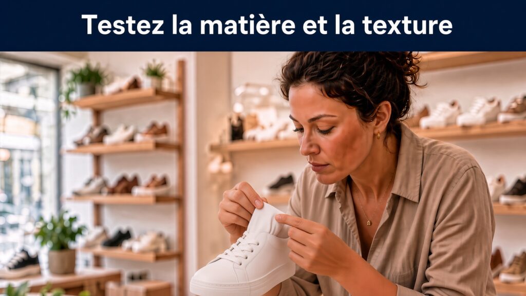 `Femme dans un magasin de chaussures qui pince et frotte la matière d'une basket blanche entre ses doigts pour tester la texture — Conseil n°3 : Testez la matière et la texture`