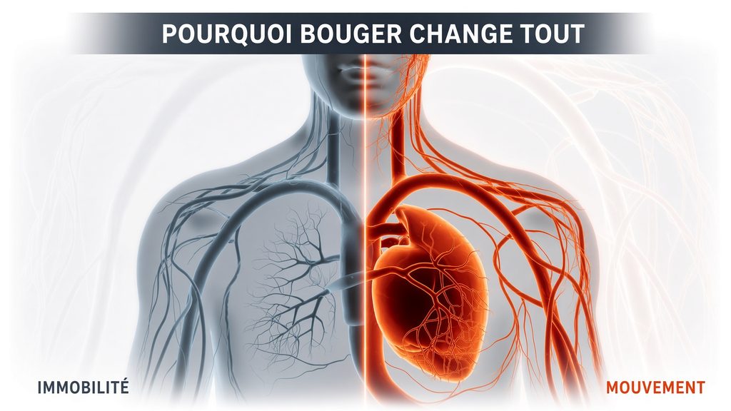 Pourquoi bouger change tout : silhouette humaine montrant une circulation ralentie en immobilité à gauche et une circulation active en mouvement à droite