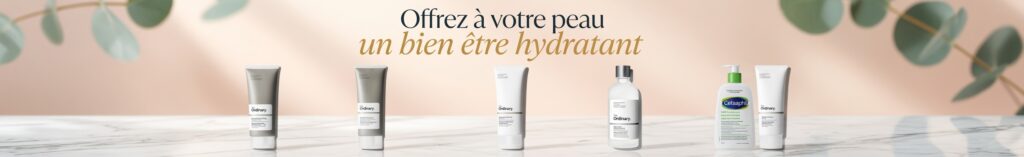 `Gamme de soins hydratants The Ordinary et Cetaphil pour peau mature : nettoyant, sérum, crème et lotion sur fond nude avec feuillage eucalyptus`