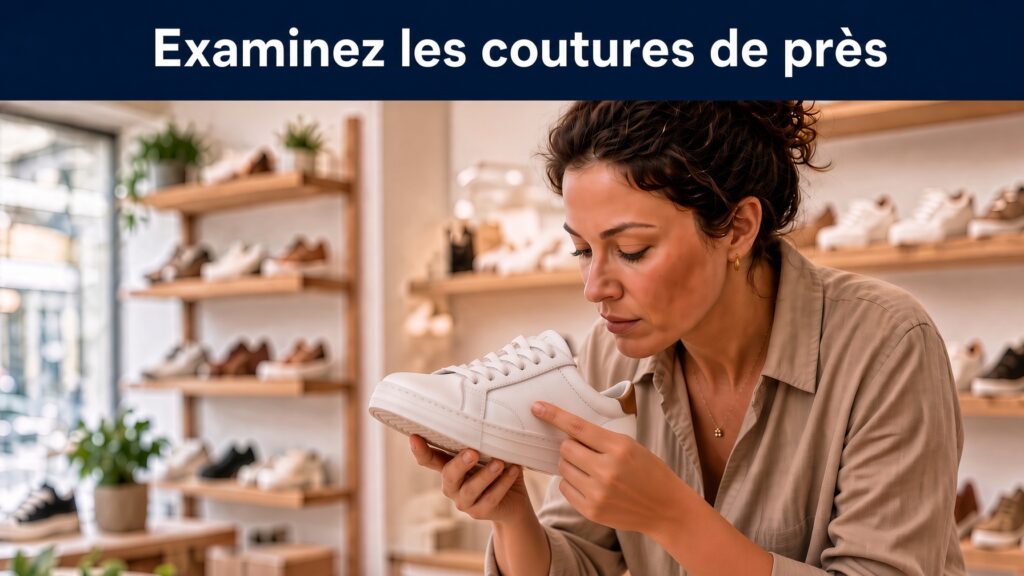 Femme dans un magasin de chaussures examine les coutures une basket blanche.  Conseil n°2 