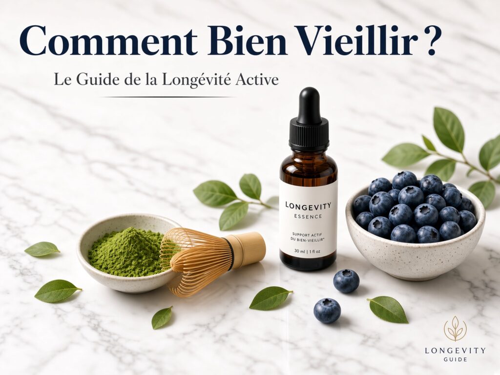Article Comment Bien Vieillir : guide de la longévité active avec matcha, myrtilles et sérum anti-âge sur marbre blanc