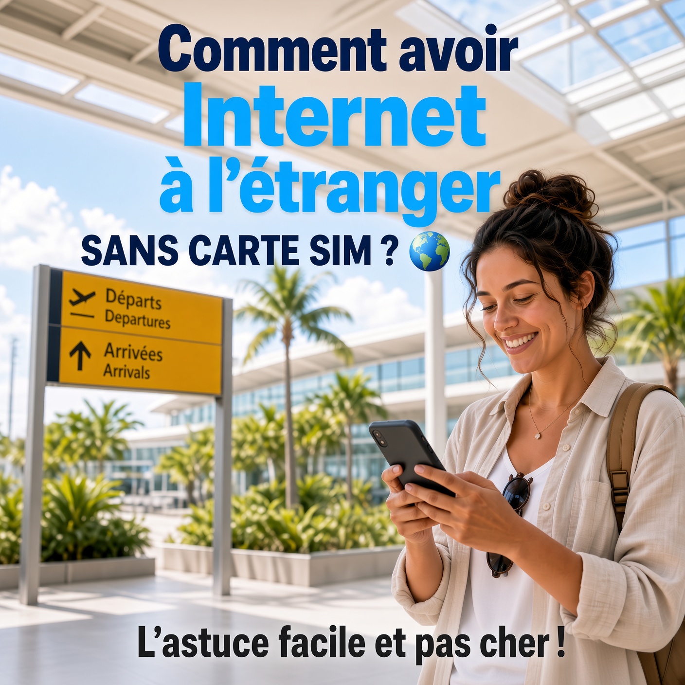 Femme à l’aéroport qui active internet sur son téléphone, visuel Clubutil “Internet à l’étranger sans carte SIM