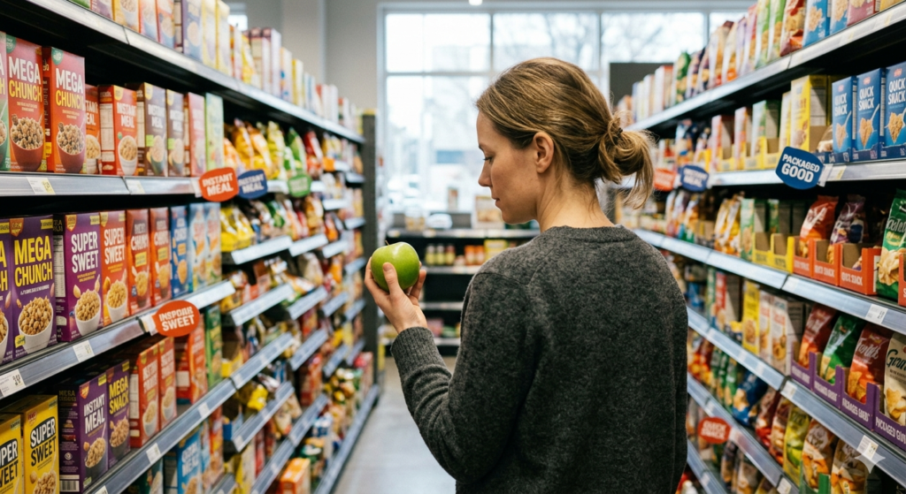 FEMME AVEC POMME A LA MAIN DANS UN RAYON DE SUPERMARCHE