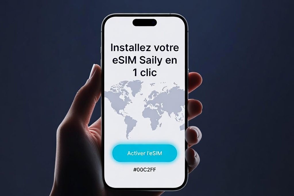 Capture d'écran de l'application Saily sur un smartphone moderne montrant une carte du monde et le bouton d'activation avec le texte "Installez votre eSIM Saily en 1 clic" pour illustrer la simplicité d'utilisation.