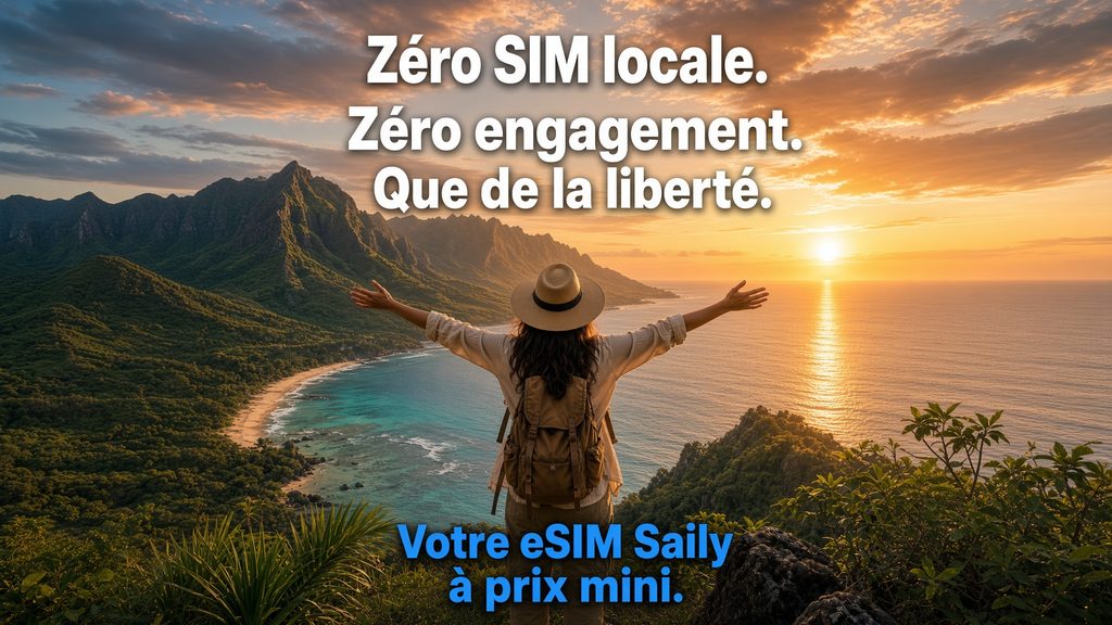 Voyageuse bras ouverts face à un lever de soleil sur une côte tropicale, avec le texte "Zéro SIM locale, zéro engagement, que de la liberté, votre eSIM Saily à prix mini."