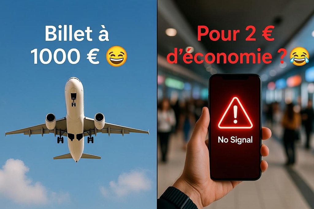 Image comparative scindée en deux illustrant le paradoxe du budget voyageur : à gauche, un avion qui décolle avec le texte "Billet à 1000 €", et à droite, un smartphone affichant une erreur de réseau à l'aéroport avec le texte "Pour 2 € d'économie ?