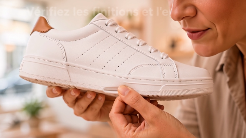 Femme dans un magasin de chaussures qui retourne une basket pour examiner la semelle et vérifier la qualité du collage — Conseil n°5 : Inspectez la semelle et la colle
