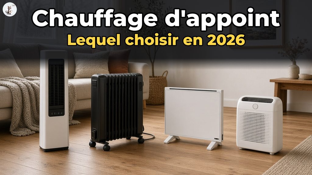 Quatre chauffages d’appoint dans un salon : soufflant, bain d’huile, panneau rayonnant et céramique. Titre à l’écran : chauffage d’appoint, lequel choisir en 2026.