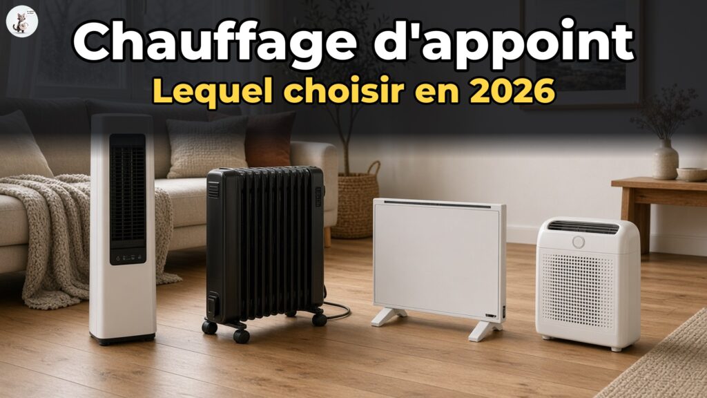 Long : Image de mise en avant Clubutil, quatre chauffages d’appoint dans un salon, texte Chauffage d’appoint lequel choisir en 2026.
