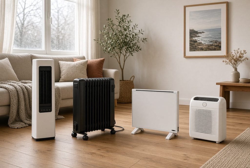 Comparatif visuel des 4 familles de chauffage d’appoint électrique dans un salon.