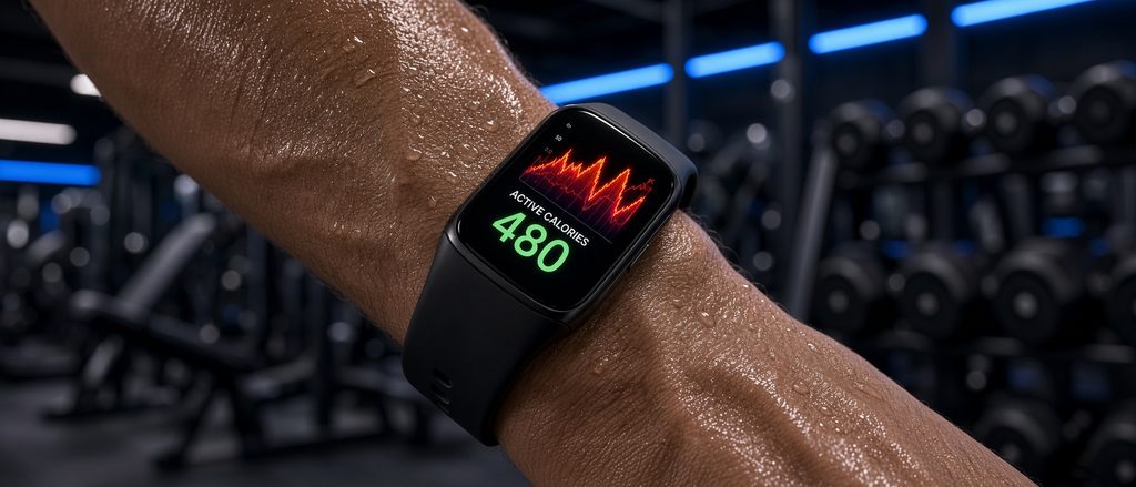 Montre connectée sport affichant le rythme cardiaque et les calories en plein effort